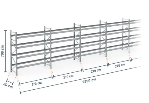 29,9 m rayonnage à palettes PR9000F galvanisé / profondeur 80 cm / hauteur 7 m / 4 niveaux pour 160 palettes europe