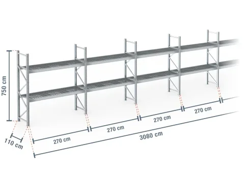 30,8 m rayonnage à palettes PR9000F galvanisé / profondeur 110 cm / hauteur 7,5 m / 2 niveaux / platelage Grillage