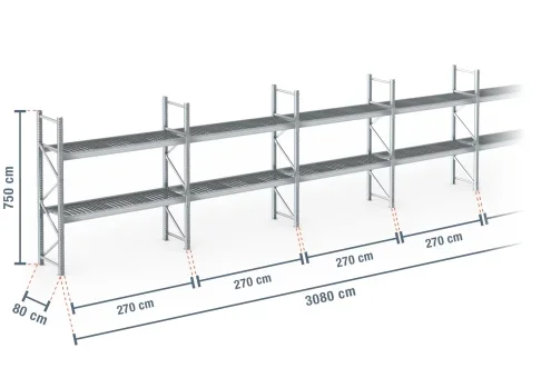 30,8 m rayonnage à palettes PR9000F galvanisé / profondeur 80 cm / hauteur 7,5 m / 2 niveaux / platelage Grillage