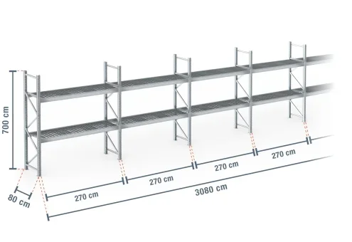 30,8 m rayonnage à palettes PR9000F galvanisé / profondeur 80 cm / hauteur 7 m / 2 niveaux / platelage Grillage