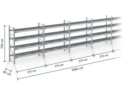 30,8 m rayonnage à palettes PR9000F galvanisé / profondeur 80 cm / hauteur 7 m / 4 niveaux / platelage Grillage