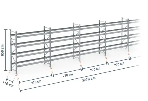 32,7 m rayonnage à palettes PR9000F galvanisé / profondeur 110 cm / hauteur 6,5 m / 4 niveaux pour 175 palettes europe