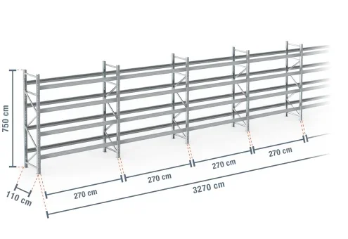 32,7 m rayonnage à palettes PR9000F galvanisé / profondeur 110 cm / hauteur 7,5 m / 4 niveaux pour 175 palettes europe