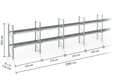 33,6 m rayonnage à palettes PR9000F galvanisé / profondeur 110 cm / hauteur 6,5 m / 2 niveaux / platelage Grillage