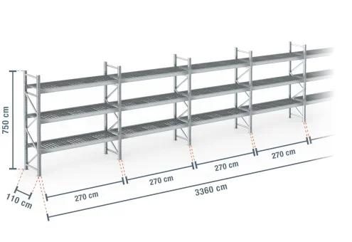 33,6 m rayonnage à palettes PR9000F galvanisé / profondeur 110 cm / hauteur 7,5 m / 3 niveaux / platelage Grillage