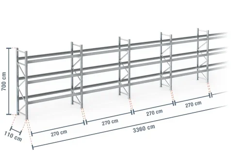 33,6 m rayonnage à palettes PR9000F galvanisé / profondeur 110 cm / hauteur 7 m / 3 niveaux pour 144 palettes europe