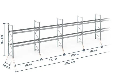 33,6 m rayonnage à palettes PR9000F galvanisé / profondeur 80 cm / hauteur 6,5 m / 2 niveaux pour 108 palettes europe