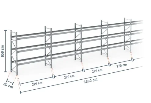 33,6 m rayonnage à palettes PR9000F galvanisé / profondeur 80 cm / hauteur 6,5 m / 3 niveaux pour 144 palettes europe