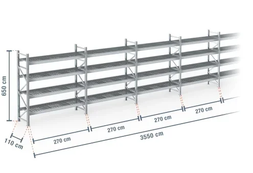 35,5 m rayonnage à palettes PR9000F galvanisé / profondeur 110 cm / hauteur 6,5 m / 4 niveaux / platelage Grillage