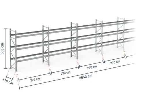36,5 m rayonnage à palettes PR9000F galvanisé / profondeur 110 cm / hauteur 6 m / 3 niveaux pour 156 palettes europe