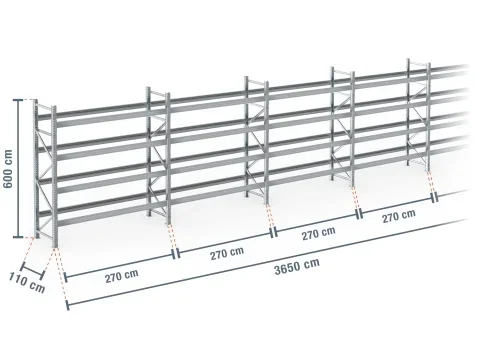 36,5 m rayonnage à palettes PR9000F galvanisé / profondeur 110 cm / hauteur 6 m / 4 niveaux pour 195 palettes europe