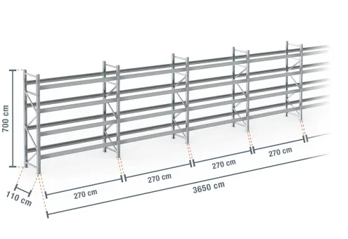36,5 m rayonnage à palettes PR9000F galvanisé / profondeur 110 cm / hauteur 7 m / 4 niveaux pour 195 palettes europe