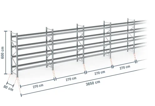 36,5 m rayonnage à palettes PR9000F galvanisé / profondeur 80 cm / hauteur 6 m / 4 niveaux pour 195 palettes europe