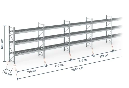 38,4 m rayonnage à palettes PR9000F galvanisé / profondeur 110 cm / hauteur 6 m / 3 niveaux / platelage Grillage