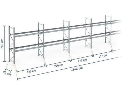 38,4 m rayonnage à palettes PR9000F galvanisé / profondeur 80 cm / hauteur 7 m / 2 niveaux pour 123 palettes europe