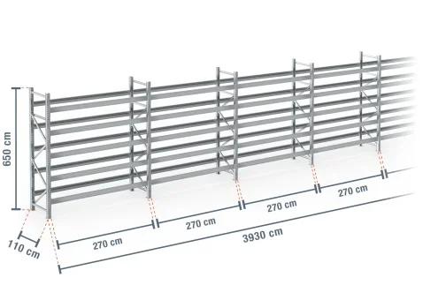 39,3 m rayonnage à palettes PR9000F galvanisé / profondeur 110 cm / hauteur 6,5 m / 5 niveaux pour 252 palettes europe