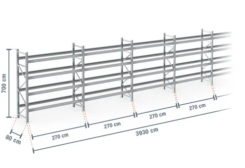39,3 m rayonnage à palettes PR9000F galvanisé / profondeur 80 cm / hauteur 7 m / 4 niveaux pour 210 palettes europe