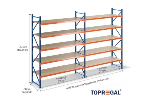 4,6 m rayonnage de stockage LR2000 / profondeur 60 cm / hauteur 2,5 m / 5 niveaux / platelage Bois