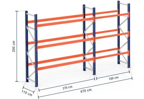 4,7 m rayonnage à palettes PR9000 / profondeur 110 cm / hauteur 2 m / 3 niveaux pour 20 palettes europe