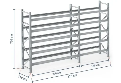 4,7 m rayonnage à palettes PR9000F galvanisé / profondeur 110 cm / hauteur 7 m / 5 niveaux pour 30 palettes europe