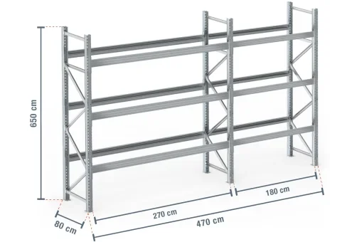 4,7 m rayonnage à palettes PR9000F galvanisé / profondeur 80 cm / hauteur 6,5 m / 3 niveaux pour 20 palettes europe