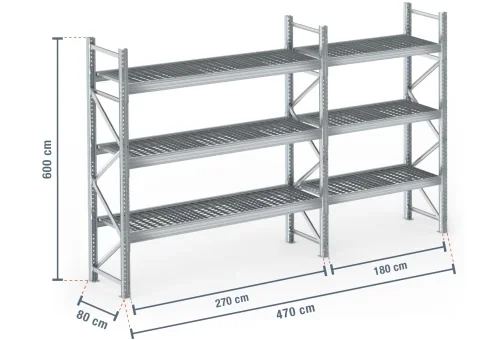 4,7 m rayonnage à palettes PR9000F galvanisé / profondeur 80 cm / hauteur 6 m / 3 niveaux / platelage Grillage
