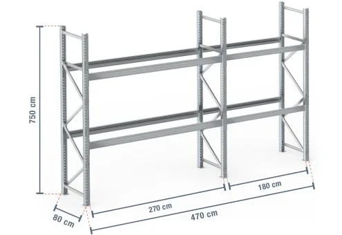 4,7 m rayonnage à palettes PR9000F galvanisé / profondeur 80 cm / hauteur 7,5 m / 2 niveaux pour 15 palettes europe