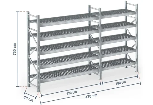 4,7 m rayonnage à palettes PR9000F galvanisé / profondeur 80 cm / hauteur 7,5 m / 5 niveaux / platelage Grillage