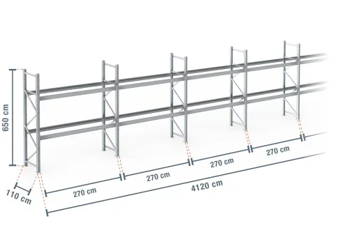 41,2 m rayonnage à palettes PR9000F galvanisé / profondeur 110 cm / hauteur 6,5 m / 2 niveaux pour 132 palettes europe