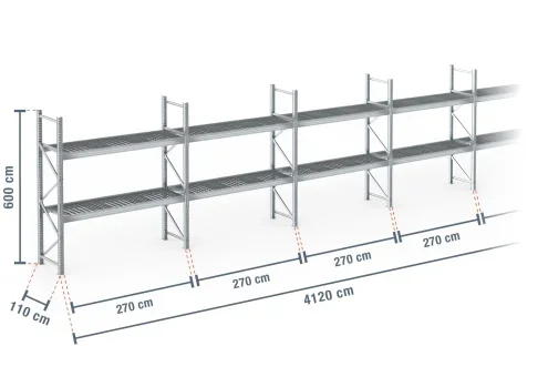 41,2 m rayonnage à palettes PR9000F galvanisé / profondeur 110 cm / hauteur 6 m / 2 niveaux / platelage Grillage