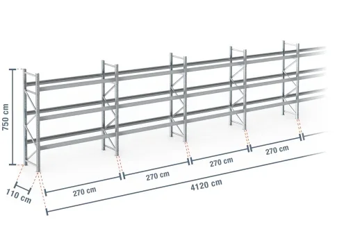 41,2 m rayonnage à palettes PR9000F galvanisé / profondeur 110 cm / hauteur 7,5 m / 3 niveaux pour 176 palettes europe