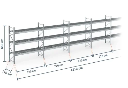 42,1 m rayonnage à palettes PR9000F galvanisé / profondeur 110 cm / hauteur 6,5 m / 3 niveaux / platelage Grillage