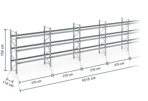 42,1 m rayonnage à palettes PR9000F galvanisé / profondeur 110 cm / hauteur 7,5 m / 3 niveaux pour 180 palettes europe
