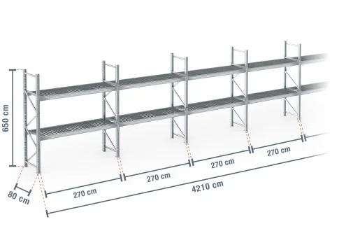 42,1 m rayonnage à palettes PR9000F galvanisé / profondeur 80 cm / hauteur 6,5 m / 2 niveaux / platelage Grillage