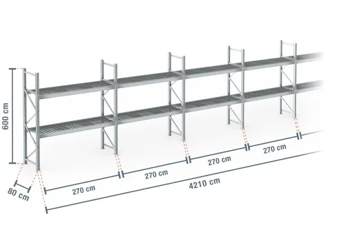 42,1 m rayonnage à palettes PR9000F galvanisé / profondeur 80 cm / hauteur 6 m / 2 niveaux / platelage Grillage