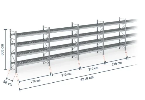 42,1 m rayonnage à palettes PR9000F galvanisé / profondeur 80 cm / hauteur 6 m / 4 niveaux / platelage Grillage