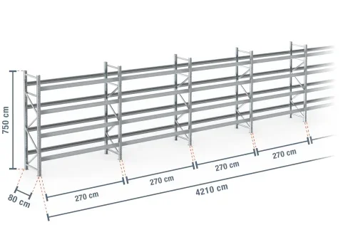 42,1 m rayonnage à palettes PR9000F galvanisé / profondeur 80 cm / hauteur 7,5 m / 4 niveaux pour 225 palettes europe