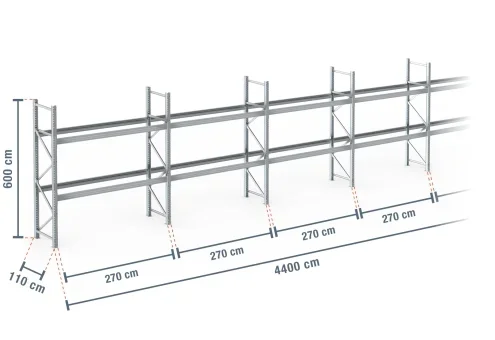 44 m rayonnage à palettes PR9000F galvanisé / profondeur 110 cm / hauteur 6 m / 2 niveaux pour 141 palettes europe