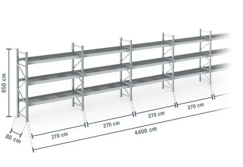 44 m rayonnage à palettes PR9000F galvanisé / profondeur 80 cm / hauteur 6,5 m / 3 niveaux / platelage Grillage