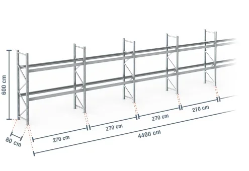 44 m rayonnage à palettes PR9000F galvanisé / profondeur 80 cm / hauteur 6 m / 2 niveaux pour 141 palettes europe
