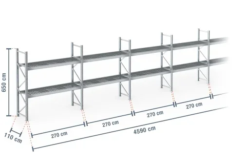 45,9 m rayonnage à palettes PR9000F galvanisé / profondeur 110 cm / hauteur 6,5 m / 2 niveaux / platelage Grillage