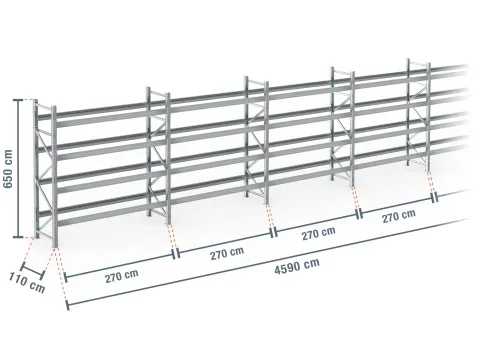45,9 m rayonnage à palettes PR9000F galvanisé / profondeur 110 cm / hauteur 6,5 m / 4 niveaux pour 240 palettes europe