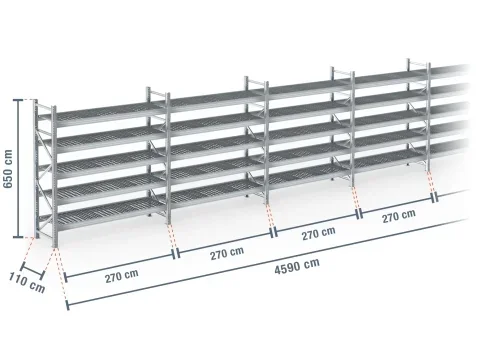 45,9 m rayonnage à palettes PR9000F galvanisé / profondeur 110 cm / hauteur 6,5 m / 5 niveaux / platelage Grillage