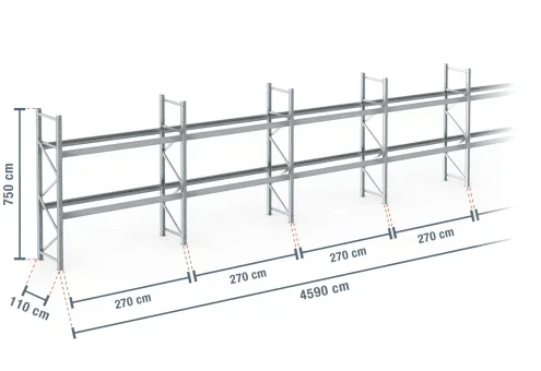 45,9 m rayonnage à palettes PR9000F galvanisé / profondeur 110 cm / hauteur 7,5 m / 2 niveaux pour 144 palettes europe
