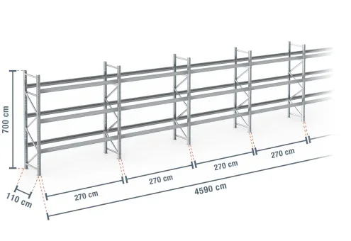 45,9 m rayonnage à palettes PR9000F galvanisé / profondeur 110 cm / hauteur 7 m / 3 niveaux pour 192 palettes europe