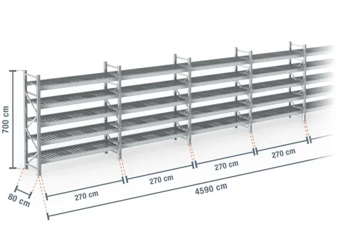 45,9 m rayonnage à palettes PR9000F galvanisé / profondeur 80 cm / hauteur 7 m / 5 niveaux / platelage Grillage
