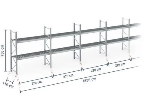 46,8 m rayonnage à palettes PR9000F galvanisé / profondeur 110 cm / hauteur 7,5 m / 2 niveaux / platelage Grillage
