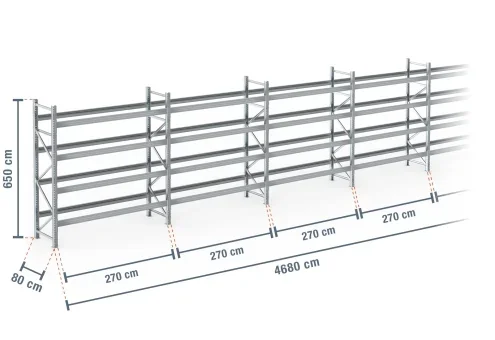 46,8 m rayonnage à palettes PR9000F galvanisé / profondeur 80 cm / hauteur 6,5 m / 4 niveaux pour 250 palettes europe