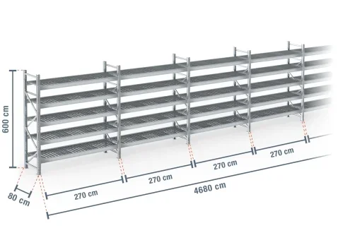 46,8 m rayonnage à palettes PR9000F galvanisé / profondeur 80 cm / hauteur 6 m / 5 niveaux / platelage Grillage