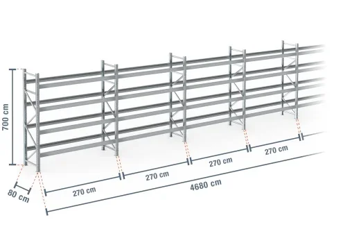 46,8 m rayonnage à palettes PR9000F galvanisé / profondeur 80 cm / hauteur 7 m / 4 niveaux pour 250 palettes europe